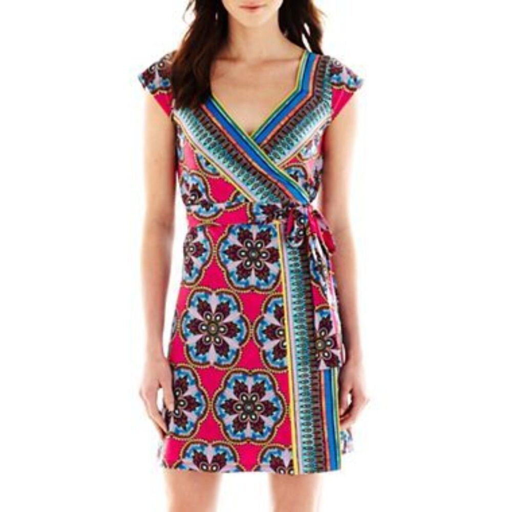 Nicole by Nicole Miller Wrap Mini Dress Women's S Colorful Stretch Deep V Neck